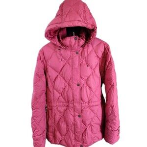 Lands End Womens Rose Pink Large Down Puffer Jacket Long Coat Removable Hood